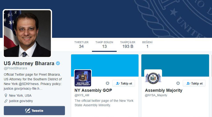 Erdoğan Twitter'da kendisini takip eden ABD'li savcı Bharara'yı engelledi mi?